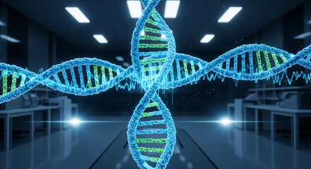 Vibrant blue and green DNA strands intricately weave through a modern scientific research environment with glowing light.