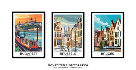 Naklejka premium Set of 3 Vintage travel posters, Vintage travel illustrations, Vector colorful illustrations. Trendy printable wall art with beautiful landscapes.
