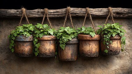 A row of hanging clay pots with trailing ivy.