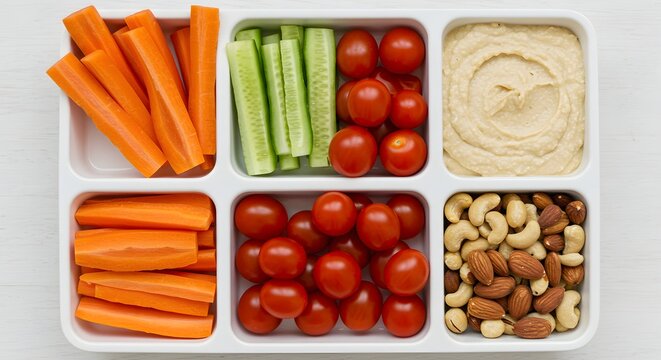 Vibrant Healthy Snack Box A TopDown View of Fresh Vegetables Hummus and Mixed Nuts. - Powered by Adobe