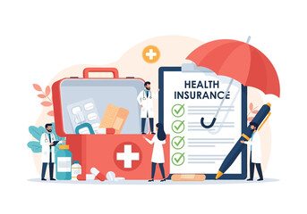 A health insurance illustration with doctors, a first aid kit overflowing with medical supplies, and a checklist under an umbrella, signifying comprehensive healthcare coverage