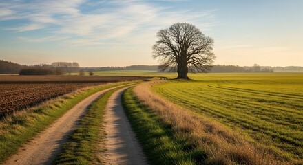 Obraz premium Serene Rural Landscape with Winding Path and Solitary Tree at Sunset