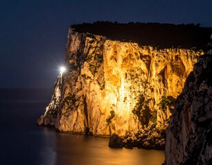 Illuminated cliff face at night