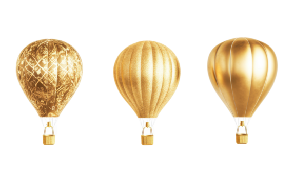 Gold hot air balloons on transparent background, png