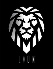 Geometric minimalist lion head logo in black and white, modern animal emblem. Vector illustration