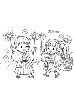 kids in kimono holding sparklers clip art preview