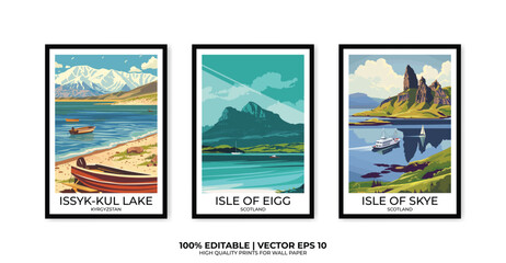 Set of 3 Vintage travel posters, Vintage travel illustrations, Vector colorful illustrations. Trendy printable wall art with beautiful landscapes.