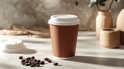 Minimal coffee cup with kraft bag mockup
