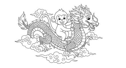 Fototapeta premium Playful Monkey Riding a Chinese Dragon: Line Art Illustration, Whimsical, Asian-Inspired Design