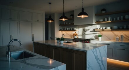 Modern kitchen interior, bright lighting, wooden cabinetry, marble countertops