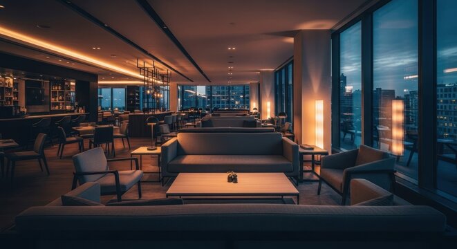 Modern, dimly lit lounge with city views