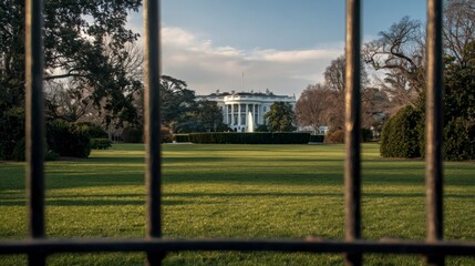 Fototapeta premium The White House in soft afternoon light, seen through black iron fence with green lawn in foreground