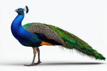 Naklejka premium Majestic peacock displays vibrant plumage in stunning colors, showcasing its beauty in a serene setting