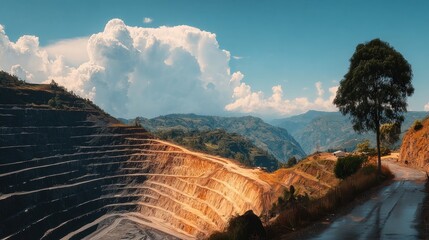 Open pit mine cuts into a hillside under a bright sky with cumulonimbus clouds and distant mountains visible alongside a