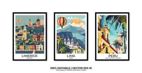 Set of 3 Vintage travel posters, Vintage travel illustrations, Vector colorful illustrations. Trendy printable wall art with beautiful landscapes.