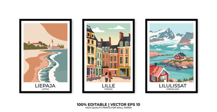 Set of 3 Vintage travel posters, Vintage travel illustrations, Vector colorful illustrations. Trendy printable wall art with beautiful landscapes.