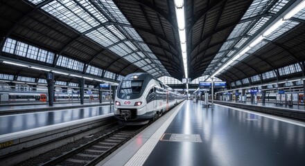 Obraz premium Modern train at a large station, under a high, arched roof