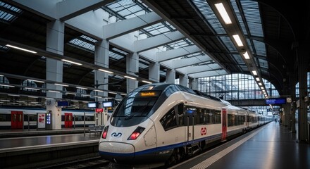 Obraz premium Modern train at a large station. Interior view of a train platform with a white train. Elevated, industrial-style station architecture