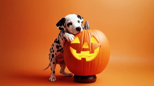 Curious dalmatian puppy playing with a large halloween pumpkin. Cute spotted dog standing next to a glowing jack o' lantern on an orange background. Studio shot for Halloween holiday celebration.