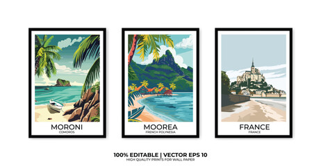 Set of 3 Vintage travel posters, Vintage travel illustrations, Vector colorful illustrations. Trendy printable wall art with beautiful landscapes.