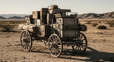 Fototapeta premium Old wooden wagon loaded with supplies in a desert landscape