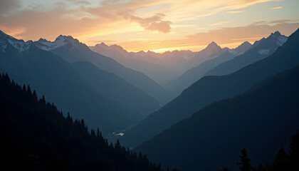 Obraz premium Majestic mountain range at sunset with layers of peaks and golden light