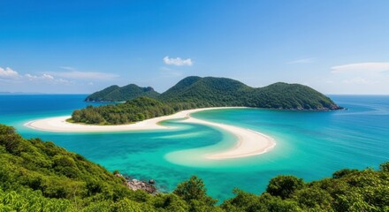 Obraz premium Panoramic view of a tropical bay with a pristine white sand beach curving into turquoise water. Lush green hills and islands surround the bay. Sunny, clear sky