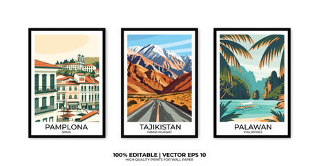 Set of 3 Vintage travel posters, Vintage travel illustrations, Vector colorful illustrations. Trendy printable wall art with beautiful landscapes.