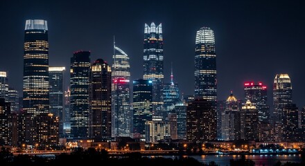 Naklejka premium Shanghai's Dazzling Skyline: A Nightscape of Illuminated Skyscrapers and Urban Splendor