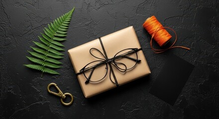 Gift's aesthetic touch: A beautifully composed still-life with gift box, stylish eyeglasses and minimal decorations on dark background