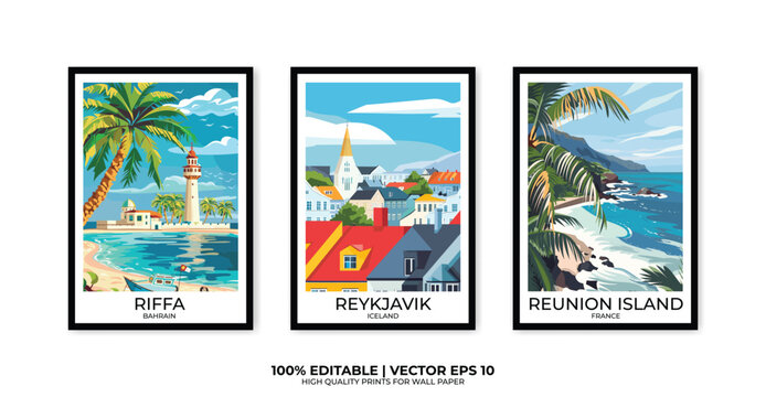 Set of 3 Vintage travel posters, Vintage travel illustrations, Vector colorful illustrations. Trendy printable wall art with beautiful landscapes.