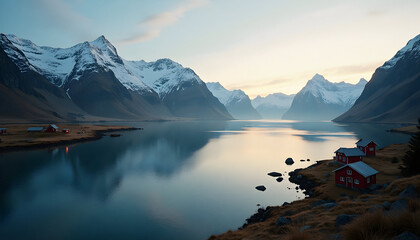 Majestic snowy mountains mirroring in a tranquil lake with charming red cabins