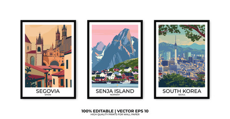 Set of 3 Vintage travel posters, Vintage travel illustrations, Vector colorful illustrations. Trendy printable wall art with beautiful landscapes.