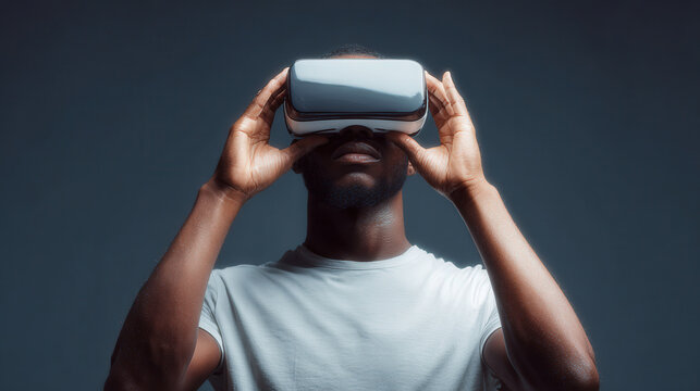 person wearing headphones is immersed in futuristic experience with holographic interface projected in front of