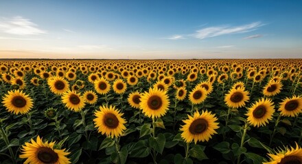 Fototapeta premium Sunflowers in a vast field at sunset