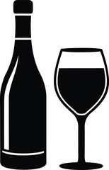 Wine bottle and glass silhouette icon set