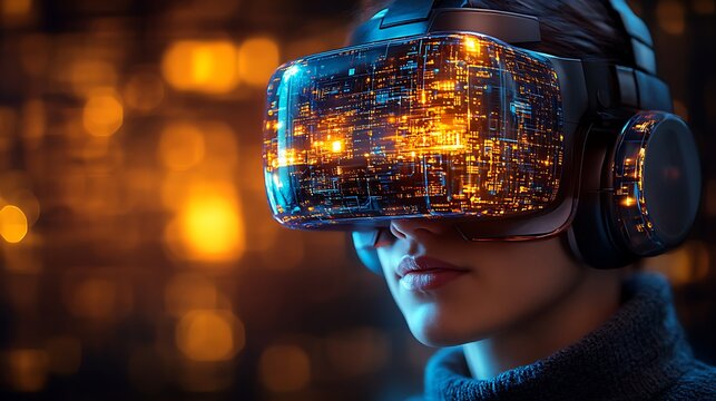 Close-up of a person wearing virtual reality headset.