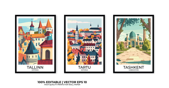 Set of 3 Vintage travel posters, Vintage travel illustrations, Vector colorful illustrations. Trendy printable wall art with beautiful landscapes.