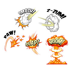 Dynamic comic book sound effects and explosions vector illustration set