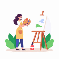 Smiling female artist with a yellow apron holding a palette and painting on a canvas at an easel.