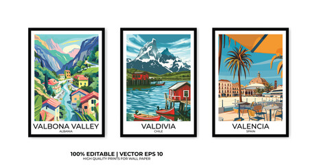 Set of 3 Vintage travel posters, Vintage travel illustrations, Vector colorful illustrations. Trendy printable wall art with beautiful landscapes.