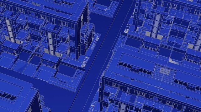Animation of a Generic Apartment Building with solar panels on top, Seamless Looped Animation, 3D Blueprint Linework rendering