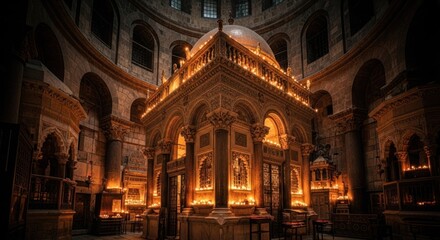 Obraz premium Sacred interior, lit by candles. Ornate, religious architecture