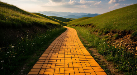 Vibrant yellow brick path winding through picturesque green hills under a serene sky destination