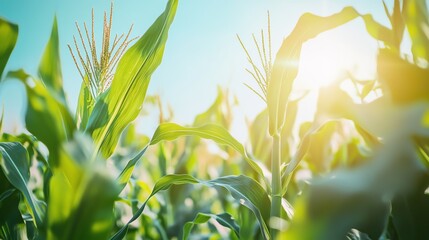 Fototapeta premium Sunlit corn field showcasing vibrant green leaves.