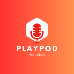 A modern and vibrant podcast logo featuring a red microphone icon inside a white hexagon, set against a smooth orange-red gradient background. The text “PLAYPOD” appears in bold white uppercase letter