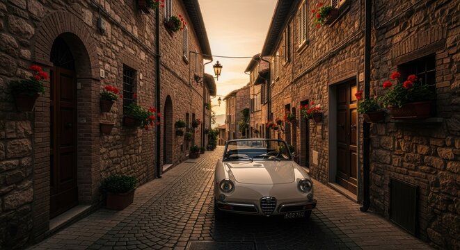 Fototapeta Vintage car in a narrow Italian alleyway at sunset