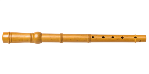 Light brown wooden recorder with finger holes isolated on a transparent background