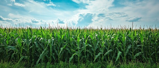 Obraz premium Vibrant cornfield under a bright blue sky.