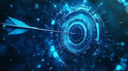 An arrow piercing through a digital target with blue glowing concentric circles and particles
